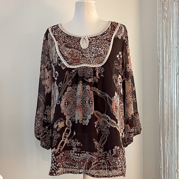 Boho Floral Women's Peasant Top - Brown Size XL - Picture 1 of 10